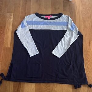 Women’s boxy Navy and Light Blue Long Sleeve sweater with Pom poms